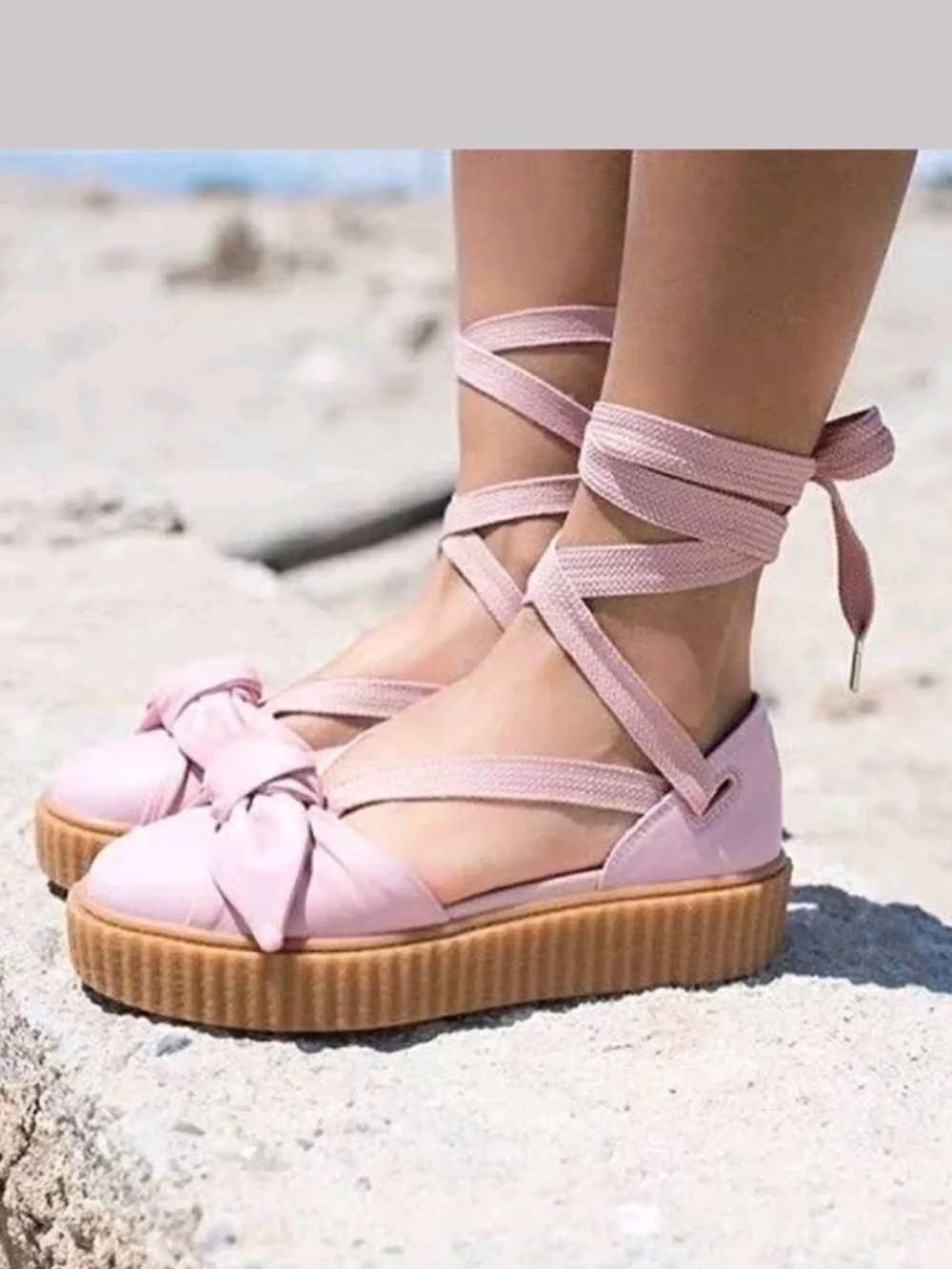 Puma Fenty Pink Knot-Front Lace-Up Platform Flats sz 9